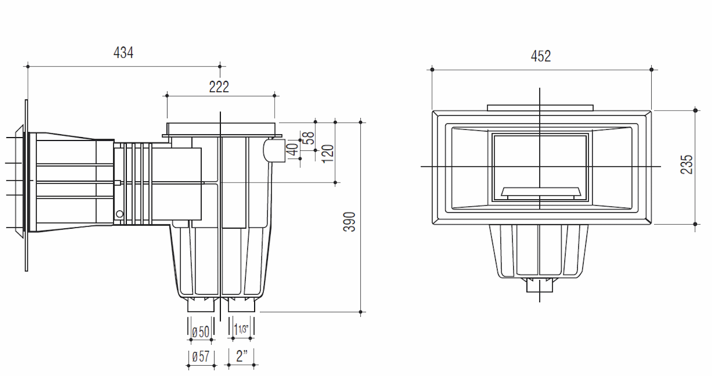 Скиммер Gemas 452х235мм 1 1/2" ВР M5 с квадратной крышкой с декор. рамкой (универсал) (04212BFW)